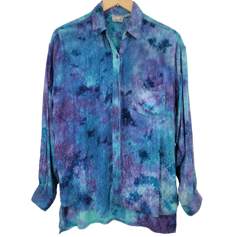 Vintage 2 OF US Tie Dye Button Up Shirt Women Large Blue Purple Rayon Boho Artsy